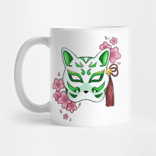 Cherry Blossom Fox Green Mask - A Playful and Elegant Design Mug